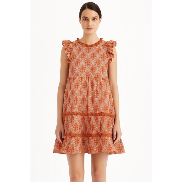 Staccato Rust Orange Floral Ruffle Sleeve Tiered Dress Size M - Picture 1 of 6